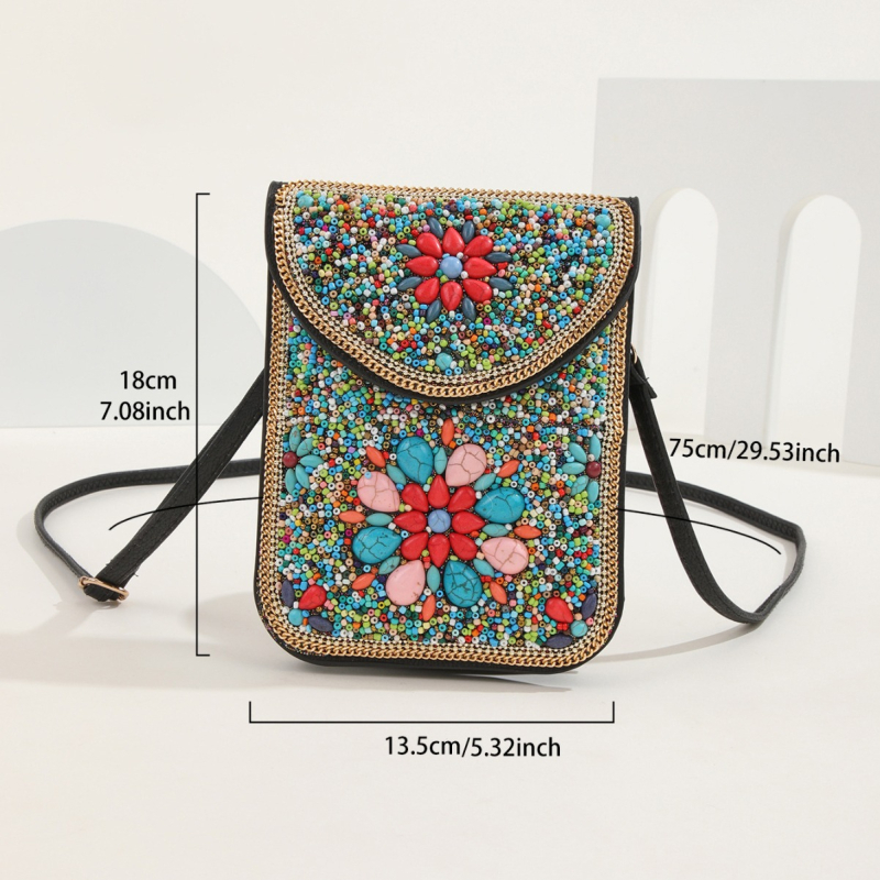 Geantă crossbody în stil etnic, din piele, cu mărgele, buzunar pentru telefon, mică, pătrată, look retro
