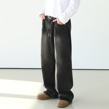 Férfi egyenes szárú farmernadrág, laza szabású denim nadrág utcai stílusban, mindennapi viselet