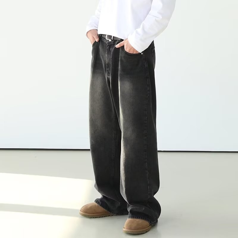 Férfi egyenes szárú farmernadrág, laza szabású denim nadrág utcai stílusban, mindennapi viselet
