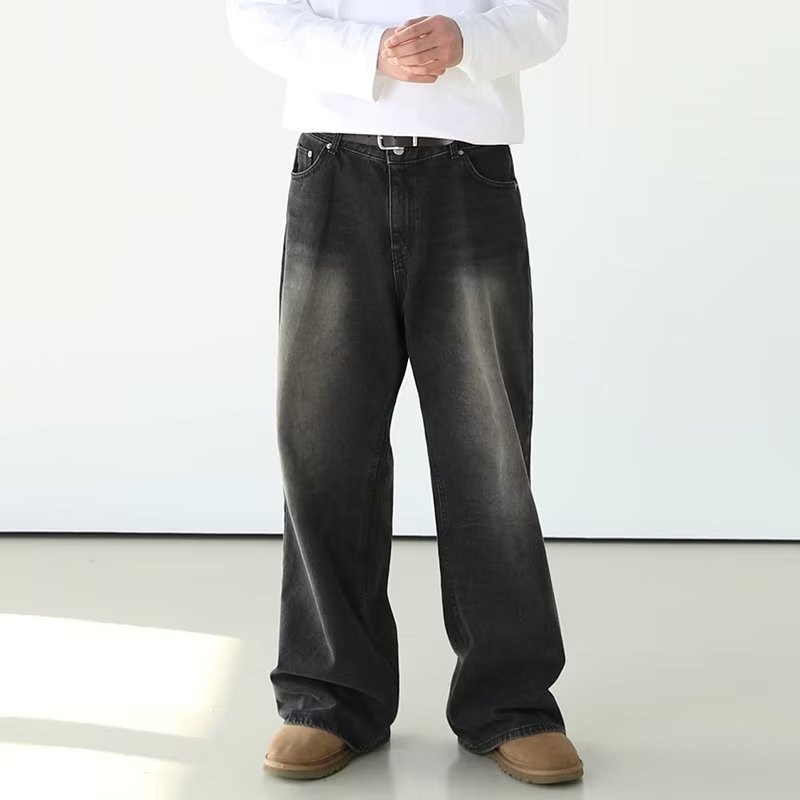 Férfi egyenes szárú farmernadrág, laza szabású denim nadrág utcai stílusban, mindennapi viselet