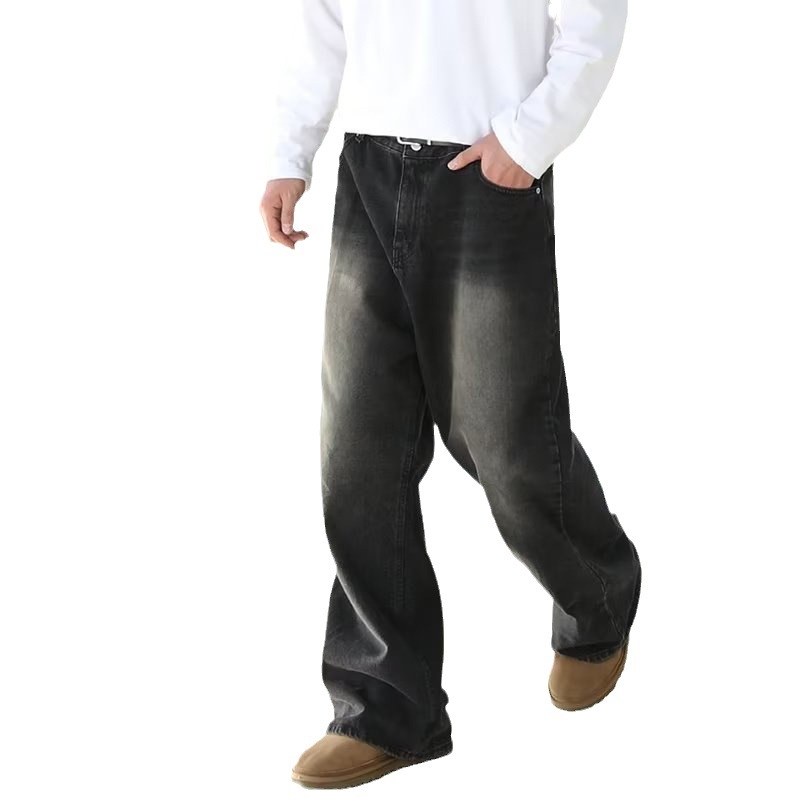 Férfi egyenes szárú farmernadrág, laza szabású denim nadrág utcai stílusban, mindennapi viselet