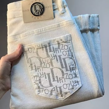 Fehér luxus férfi farmernadrág, nyár 2026, slim-fit egyenes szabású, 3D nyomtatott minta