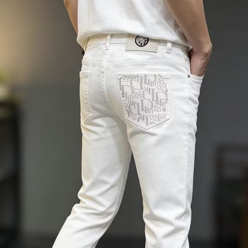Fehér luxus férfi farmernadrág, nyár 2026, slim-fit egyenes szabású, 3D nyomtatott minta