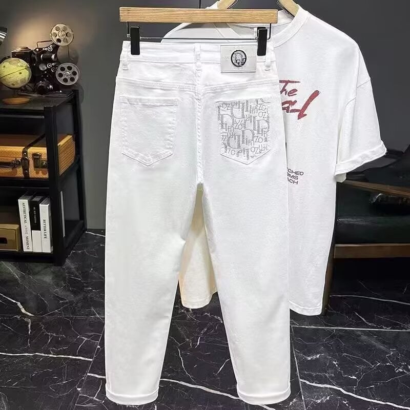 Fehér luxus férfi farmernadrág, nyár 2026, slim-fit egyenes szabású, 3D nyomtatott minta