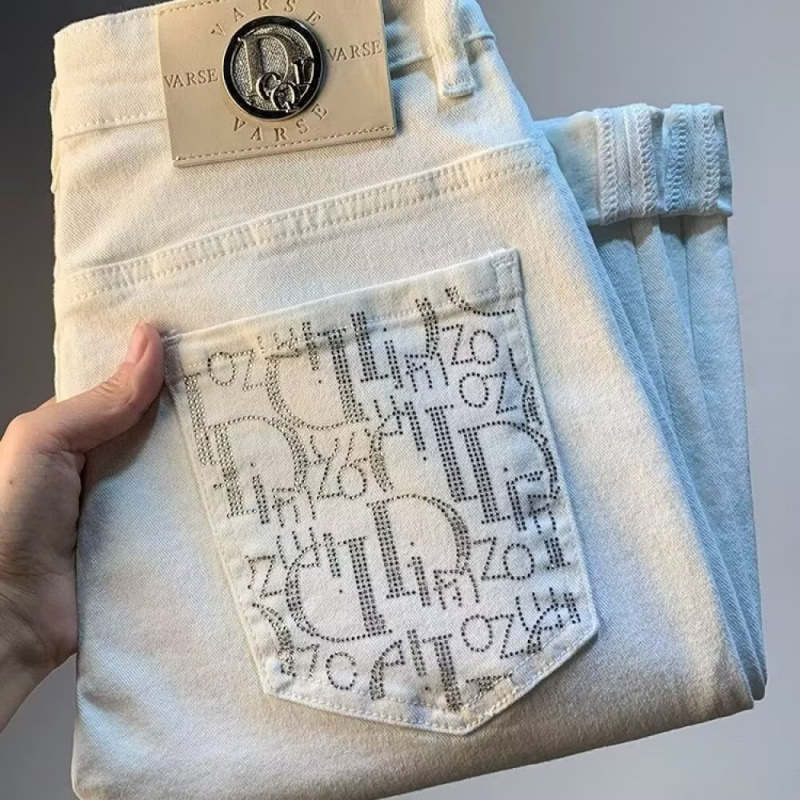 Fehér luxus férfi farmernadrág, nyár 2026, slim-fit egyenes szabású, 3D nyomtatott minta