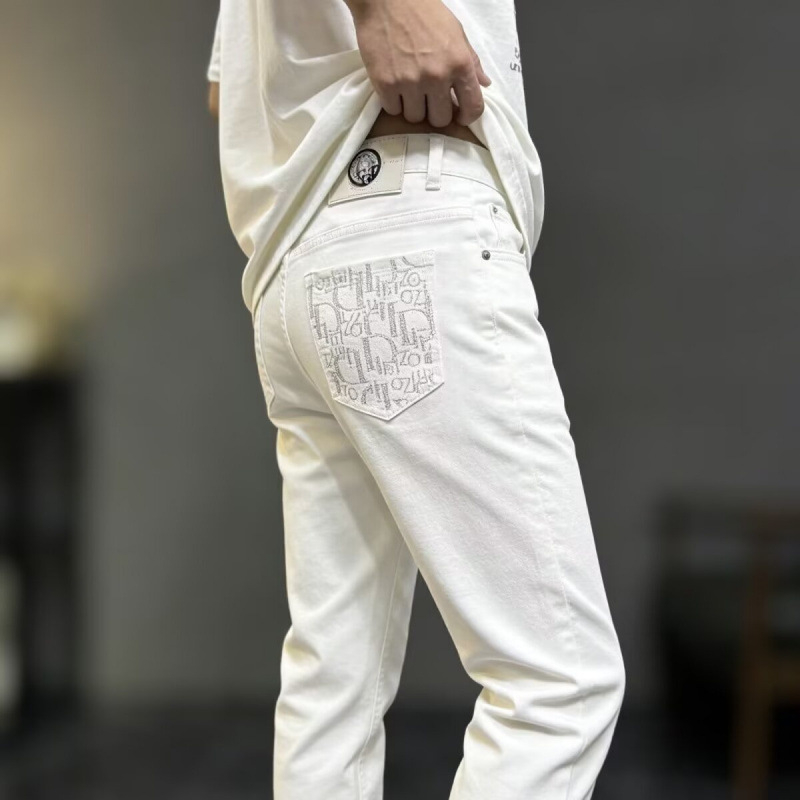 Fehér luxus férfi farmernadrág, nyár 2026, slim-fit egyenes szabású, 3D nyomtatott minta