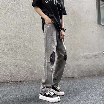 Férfi lazán szabott egyenes farmernadrág, kopott denim, Harajuku–Hongkong stílus, hosszú nadrág, 2026