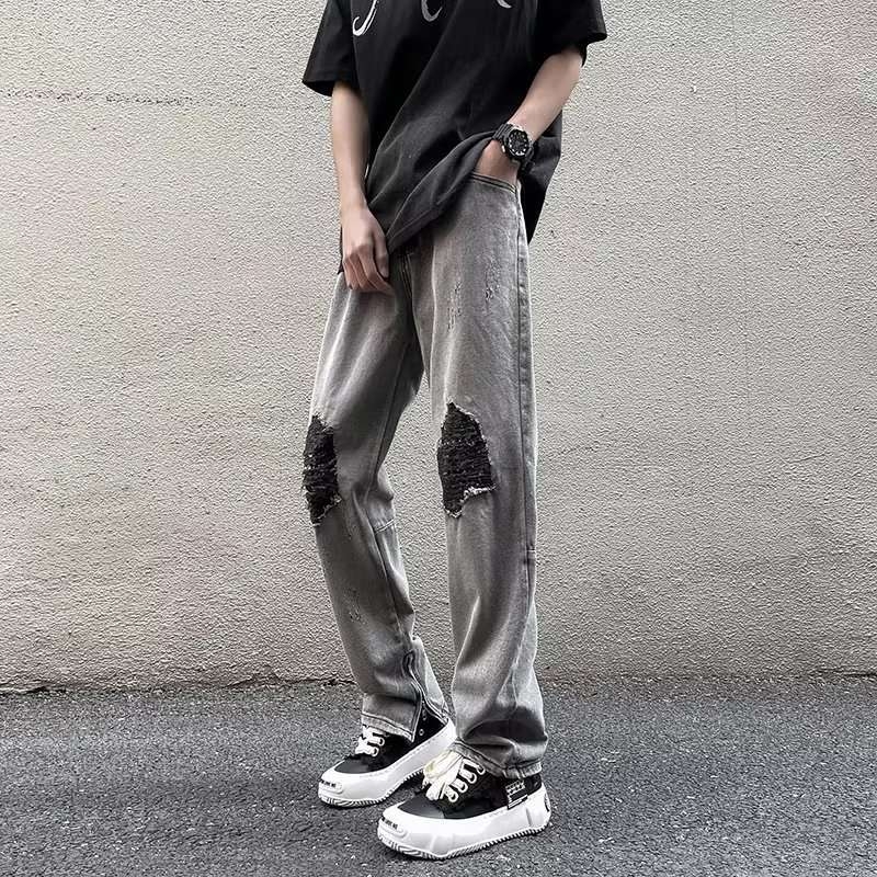 Férfi lazán szabott egyenes farmernadrág, kopott denim, Harajuku–Hongkong stílus, hosszú nadrág, 2026