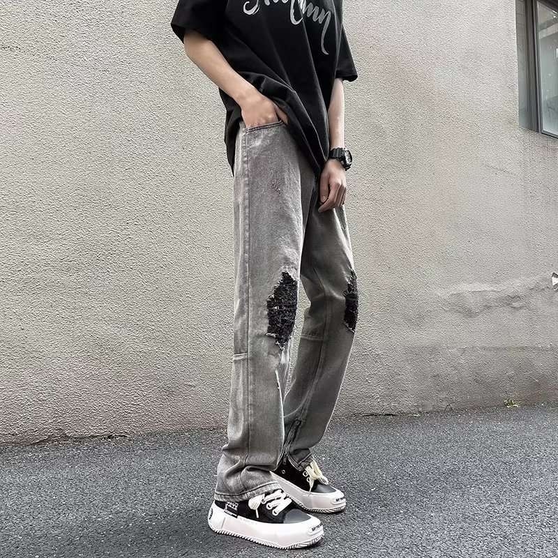 Férfi lazán szabott egyenes farmernadrág, kopott denim, Harajuku–Hongkong stílus, hosszú nadrág, 2026