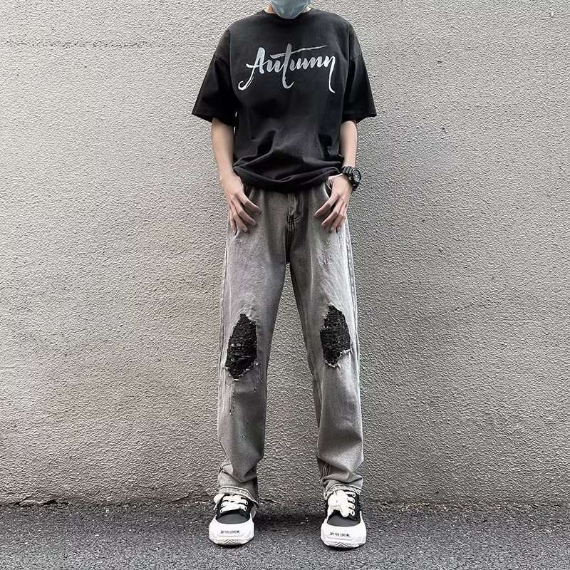 Férfi lazán szabott egyenes farmernadrág, kopott denim, Harajuku–Hongkong stílus, hosszú nadrág, 2026