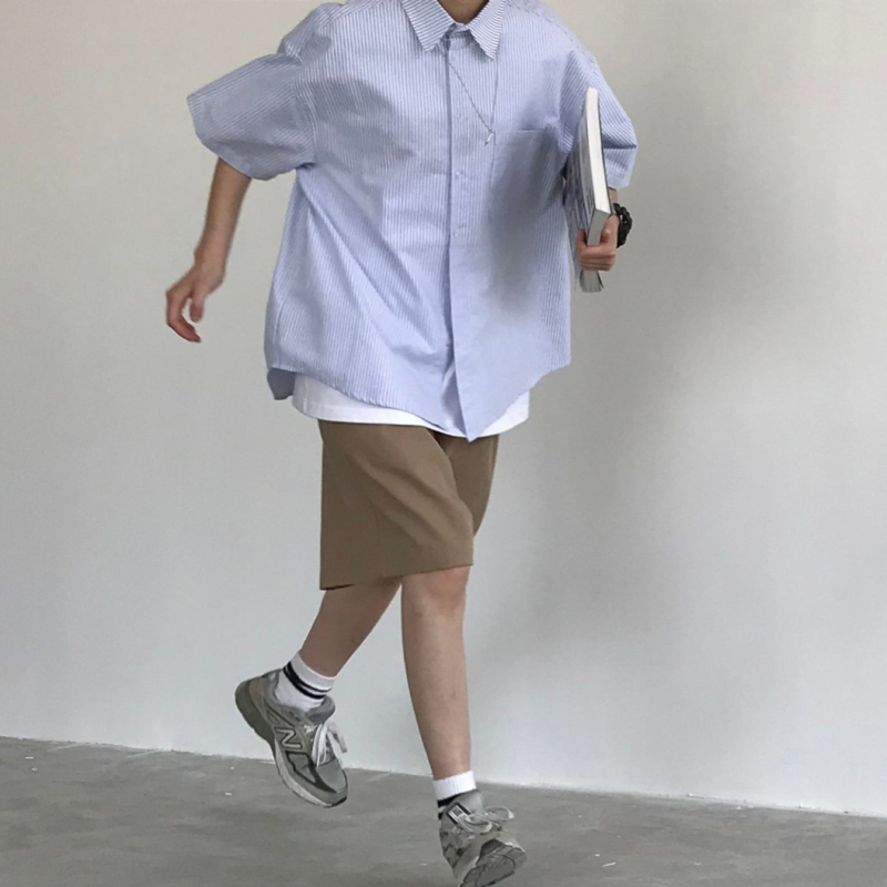Kék-fehér csíkos rövid ujjú ing-jacke férfiak számára, japán stílusú Cityboy, laza nyári viselet