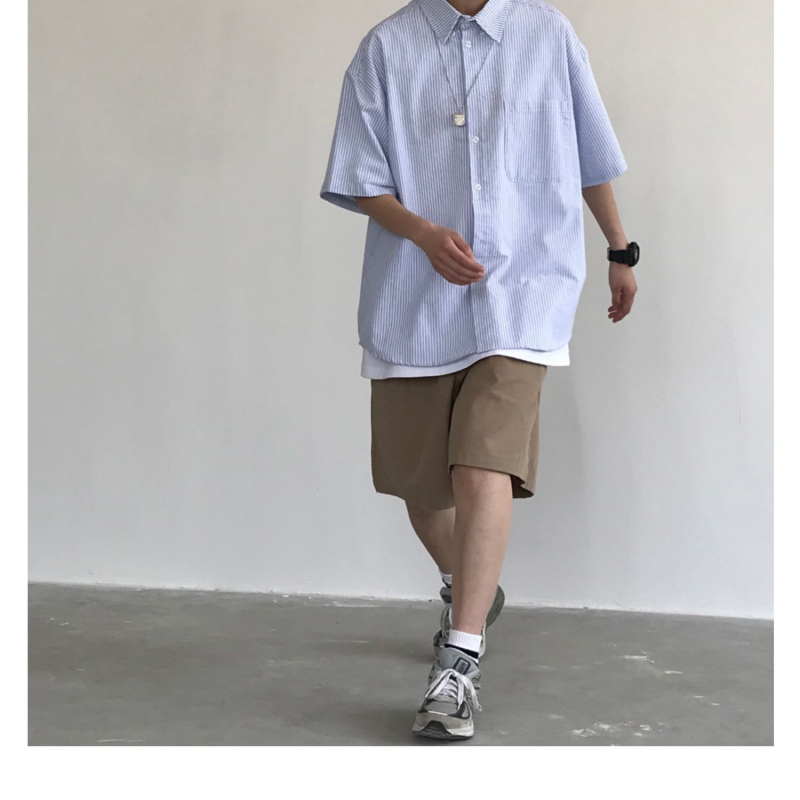Kék-fehér csíkos rövid ujjú ing-jacke férfiak számára, japán stílusú Cityboy, laza nyári viselet