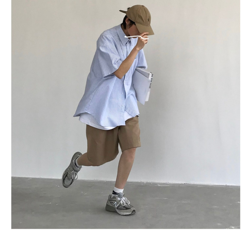Kék-fehér csíkos rövid ujjú ing-jacke férfiak számára, japán stílusú Cityboy, laza nyári viselet