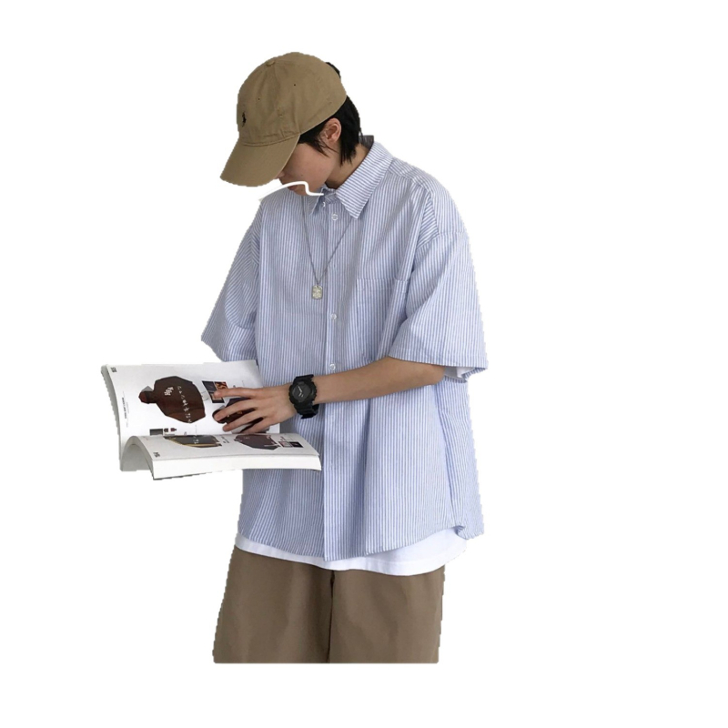 Kék-fehér csíkos rövid ujjú ing-jacke férfiak számára, japán stílusú Cityboy, laza nyári viselet