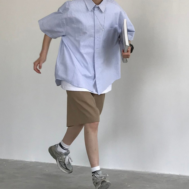 Kék-fehér csíkos rövid ujjú ing-jacke férfiak számára, japán stílusú Cityboy, laza nyári viselet