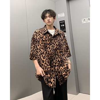 Nyári vékony ice silk rövid ujjúing, uniszex, leopard mintázat, álló gallér, bő szabás