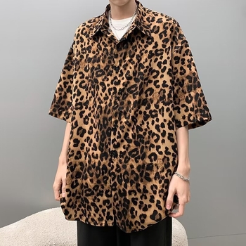 Nyári vékony ice silk rövid ujjúing, uniszex, leopard mintázat, álló gallér, bő szabás