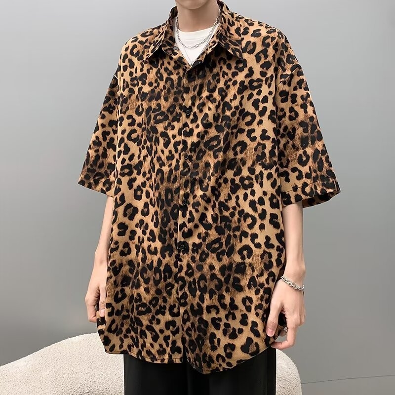 Nyári vékony ice silk rövid ujjúing, uniszex, leopard mintázat, álló gallér, bő szabás