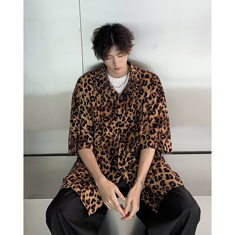 Nyári vékony ice silk rövid ujjúing, uniszex, leopard mintázat, álló gallér, bő szabás