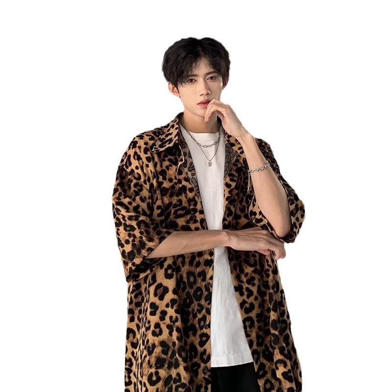 Nyári vékony ice silk rövid ujjúing, uniszex, leopard mintázat, álló gallér, bő szabás