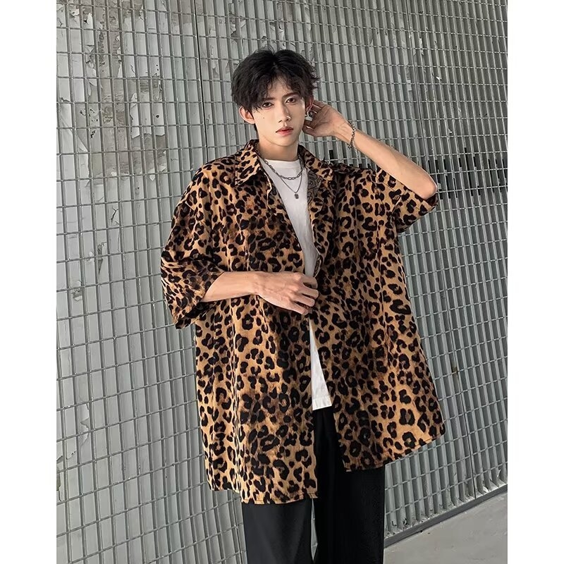 Nyári vékony ice silk rövid ujjúing, uniszex, leopard mintázat, álló gallér, bő szabás