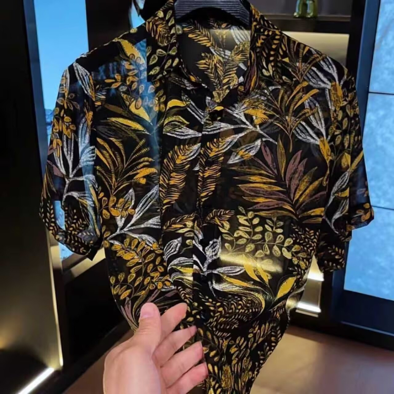 2026 Férfi nyári slim-fit rövid ujjú Ice Silk ing, stílusos egyedi nyomtatás, könnyű anyag