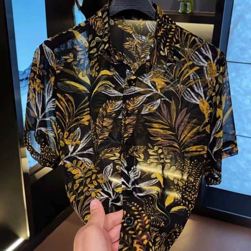 2026 Férfi nyári slim-fit rövid ujjú Ice Silk ing, stílusos egyedi nyomtatás, könnyű anyag