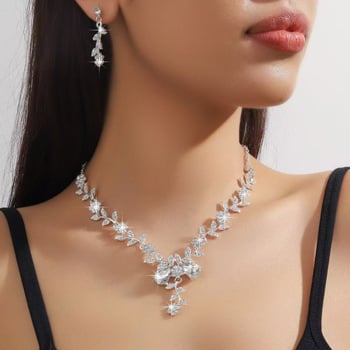 Set de bijuterii pentru mireasă cu diamante complete, lux ușor, colier cu picătură de apă și cercei cu motiv floral mic, set de 2 piese