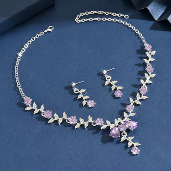 Set de bijuterii pentru mireasă cu diamante complete, lux ușor, colier cu picătură de apă și cercei cu motiv floral mic, set de 2 piese