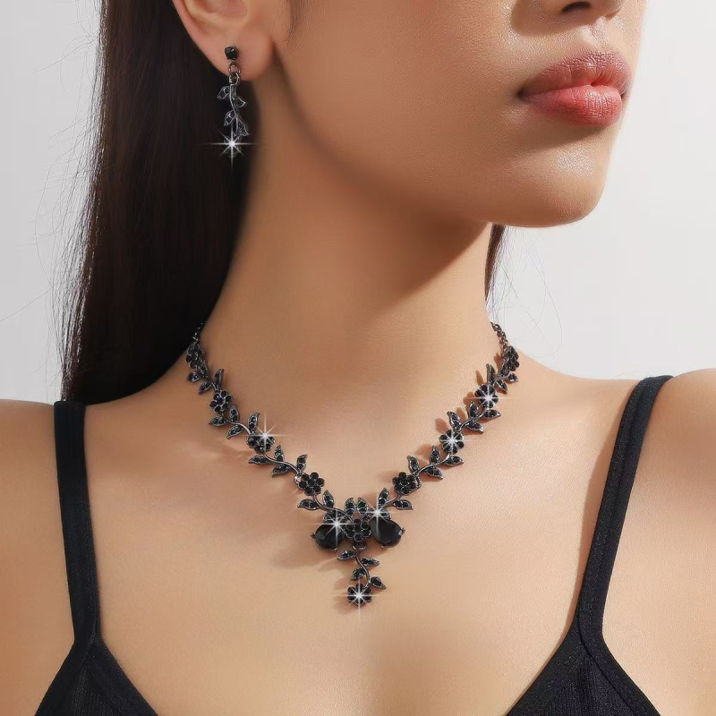 Set de bijuterii pentru mireasă cu diamante complete, lux ușor, colier cu picătură de apă și cercei cu motiv floral mic, set de 2 piese