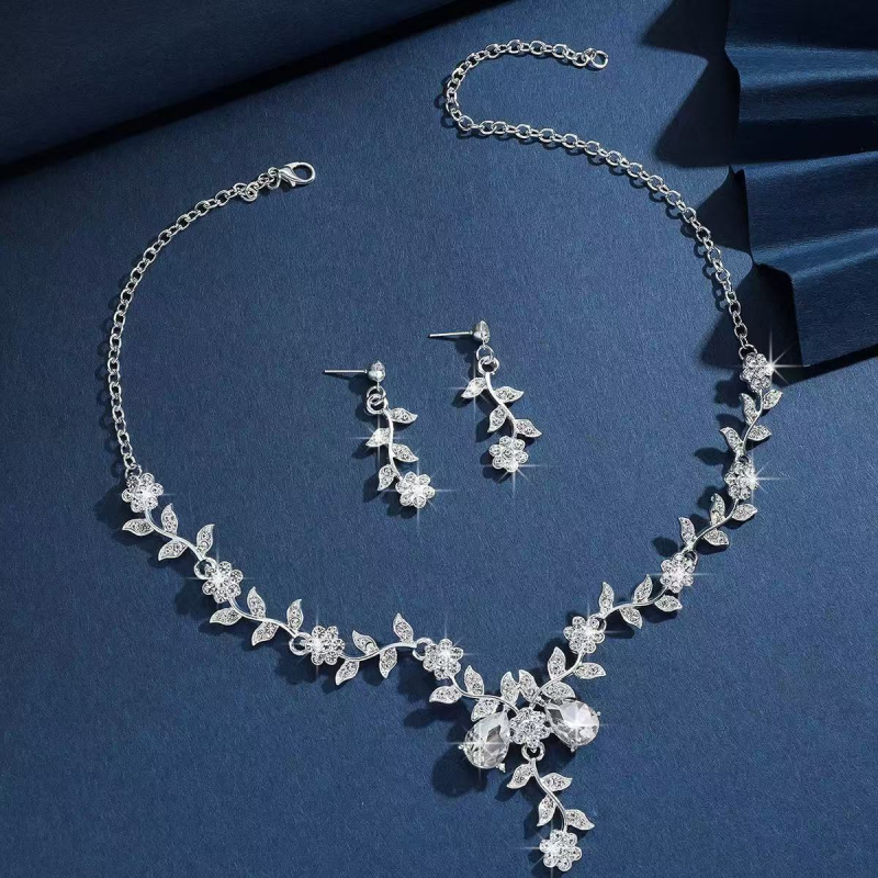 Set de bijuterii pentru mireasă cu diamante complete, lux ușor, colier cu picătură de apă și cercei cu motiv floral mic, set de 2 piese