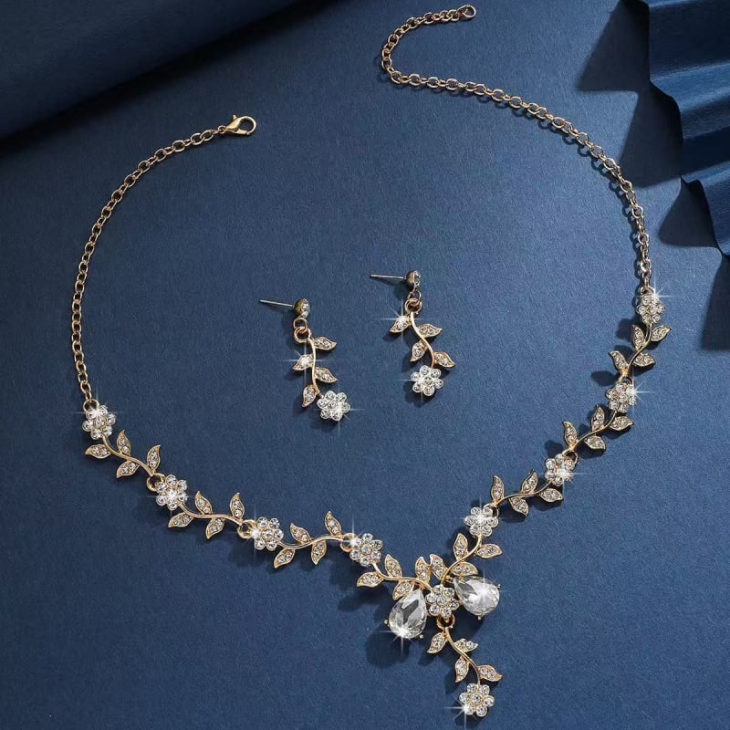 Set de bijuterii pentru mireasă cu diamante complete, lux ușor, colier cu picătură de apă și cercei cu motiv floral mic, set de 2 piese