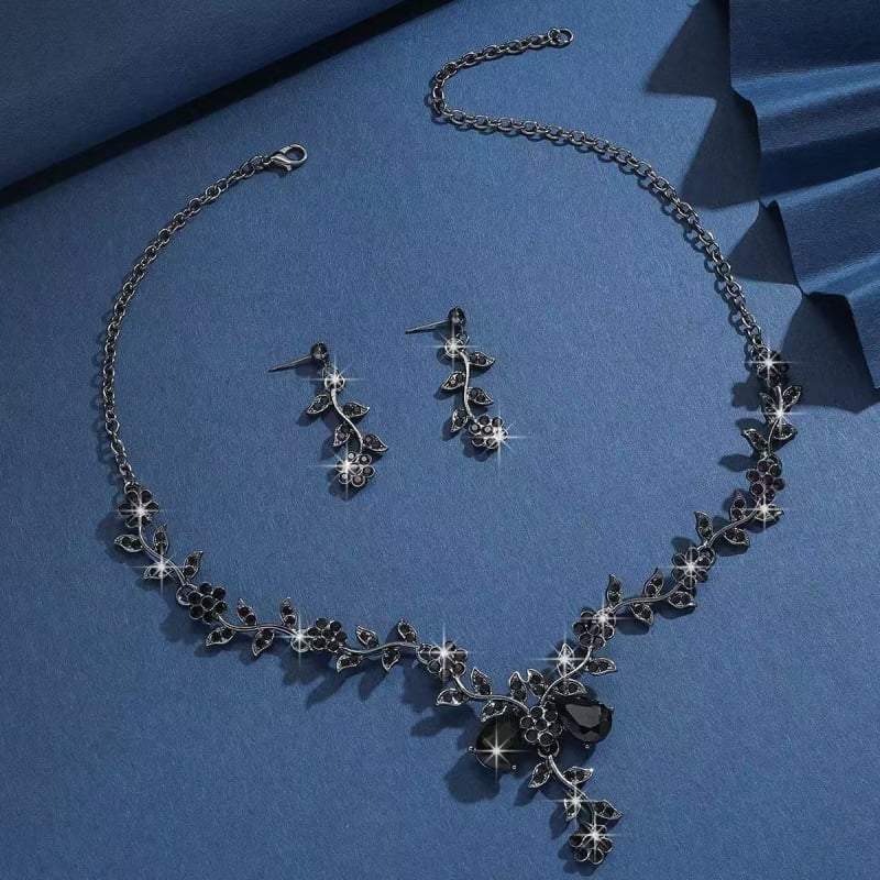 Set de bijuterii pentru mireasă cu diamante complete, lux ușor, colier cu picătură de apă și cercei cu motiv floral mic, set de 2 piese