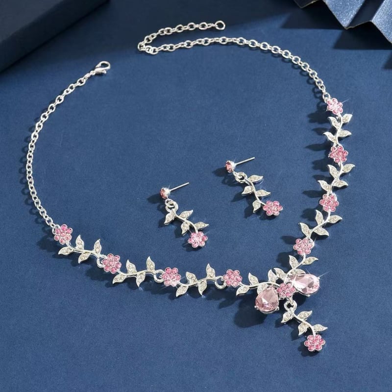 Set de bijuterii pentru mireasă cu diamante complete, lux ușor, colier cu picătură de apă și cercei cu motiv floral mic, set de 2 piese