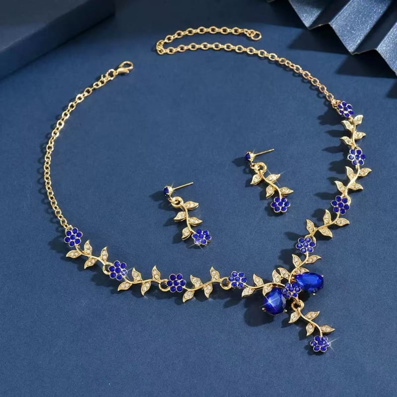 Set de bijuterii pentru mireasă cu diamante complete, lux ușor, colier cu picătură de apă și cercei cu motiv floral mic, set de 2 piese