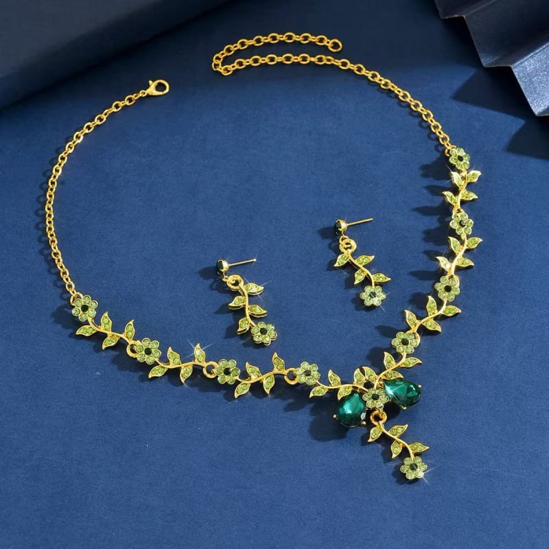 Set de bijuterii pentru mireasă cu diamante complete, lux ușor, colier cu picătură de apă și cercei cu motiv floral mic, set de 2 piese
