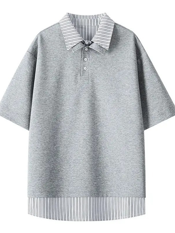Férfi nyári polo felső, rövid ujjú, polo gallér, csíkos mintázat, japán retro stílus, egyetemi/stílusos, hétköznapi felső