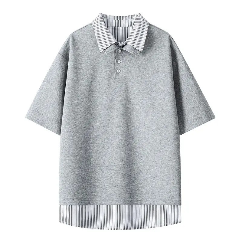Férfi nyári polo felső, rövid ujjú, polo gallér, csíkos mintázat, japán retro stílus, egyetemi/stílusos, hétköznapi felső