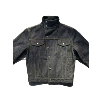 Férfi retro nyers denim dzseki tavaszra, laza szabású, rövid fazon, doboz sziluett, tiszta vonalú, ferde gallér