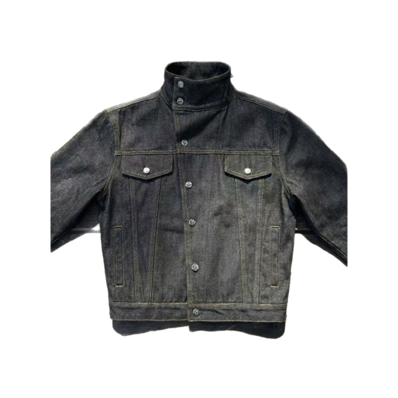 Férfi retro nyers denim dzseki tavaszra, laza szabású, rövid fazon, doboz sziluett, tiszta vonalú, ferde gallér