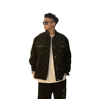 Geacă din denim pentru bărbați cu model pătrat în șah, rever, mâneci lungi, stil inspirat din haine de lucru.