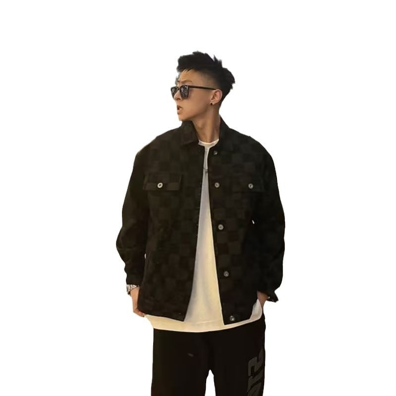 Geacă din denim pentru bărbați cu model pătrat în șah, rever, mâneci lungi, stil inspirat din haine de lucru.