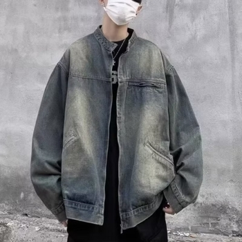 Férfi denimdzseki japán hangulatú őszi viselet, lazán szabott, mosott hatás, állnyakos gallér, egyszínű, hosszú ujjú, oldalsó zsebek