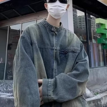 Férfi denimdzseki japán hangulatú őszi viselet, lazán szabott, mosott hatás, állnyakos gallér, egyszínű, hosszú ujjú, oldalsó zsebek