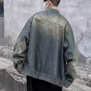 Férfi denimdzseki japán hangulatú őszi viselet, lazán szabott, mosott hatás, állnyakos gallér, egyszínű, hosszú ujjú, oldalsó zsebek