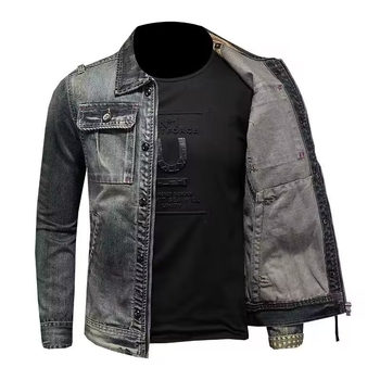 Férfi denim dzseki, vintage hatású, minimalistikus munkaruházati stílusban, casual és sokoldalú tavasz–őszre.