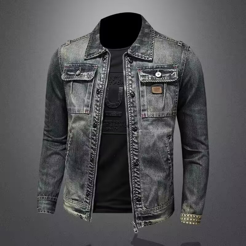 Férfi denim dzseki, vintage hatású, minimalistikus munkaruházati stílusban, casual és sokoldalú tavasz–őszre.