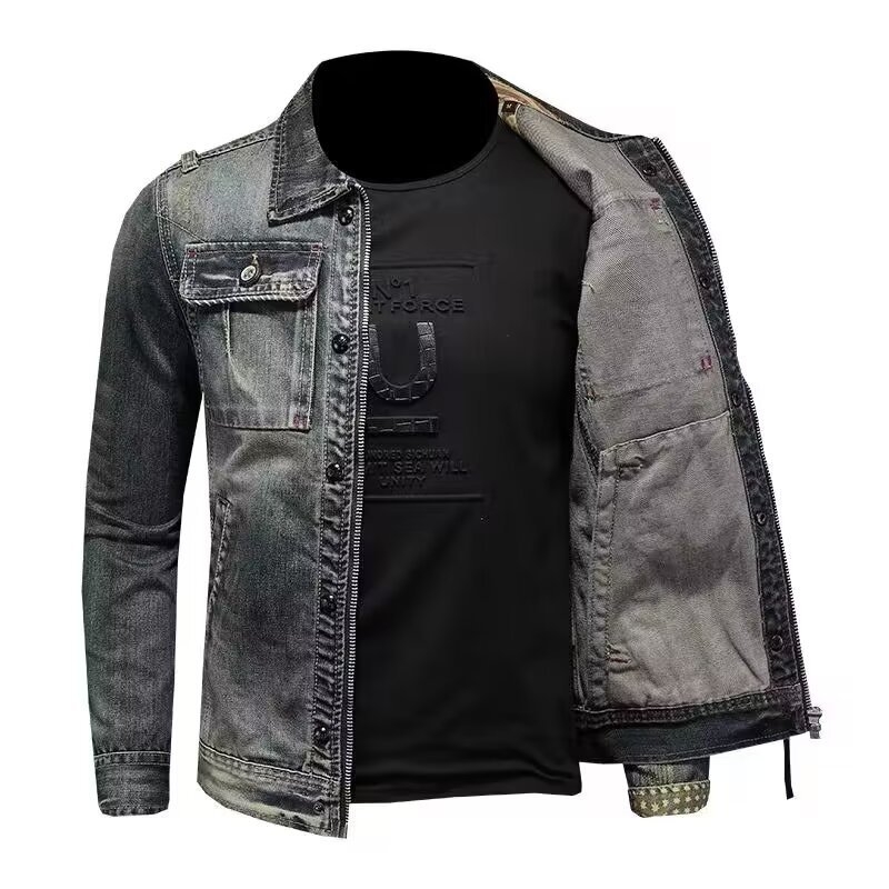 Férfi denim dzseki, vintage hatású, minimalistikus munkaruházati stílusban, casual és sokoldalú tavasz–őszre.