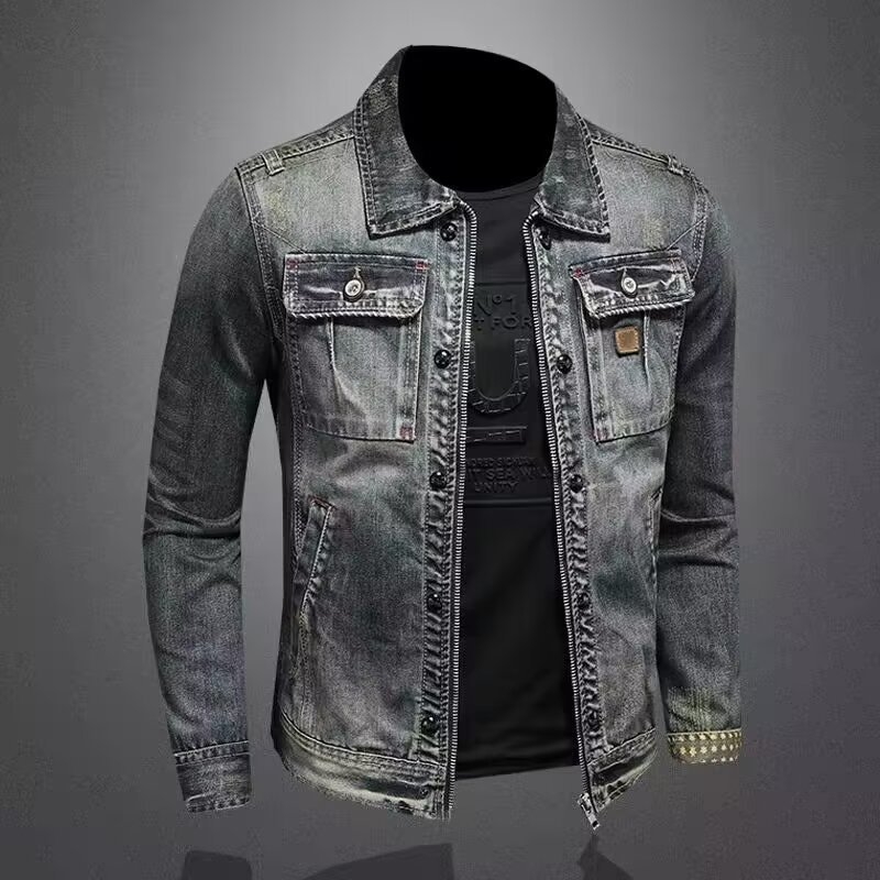 Férfi denim dzseki, vintage hatású, minimalistikus munkaruházati stílusban, casual és sokoldalú tavasz–őszre.