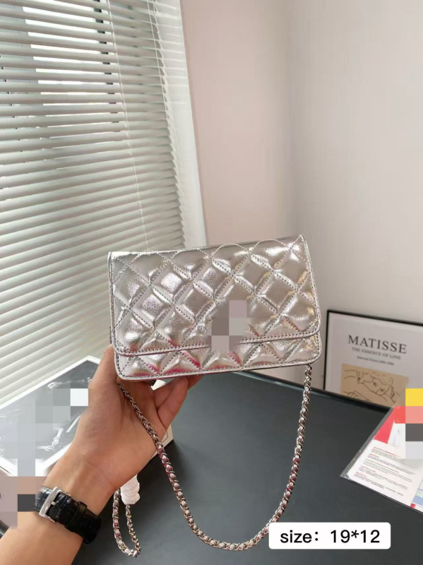 Geantă chic cu lanț, crossbody din PVC, cu sloturi pentru carduri, buzunar cu fermoar și buzunar pentru monede — compactă și practică.
